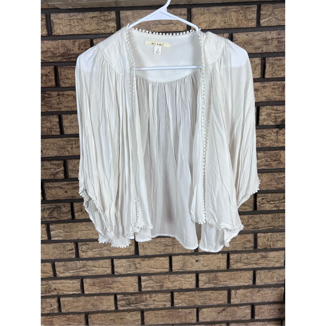 Miami Cover Up S Women's White Open Front Pom Pom Trim 3/4 Sleeve Swim Bohemian
